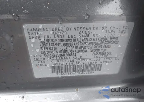 2021 Nissan Versa Sv Xtronic Cvt from USA, damaged, VIN 3N1CN8EV8ML866624